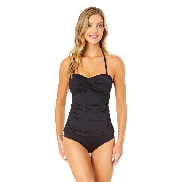 NWT Anne Cole Womens Solid Twist Front Shirred Bandeau Tankini Top Navy Blue XL - Picture 4 of 12